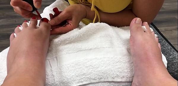  Chubby Slut gets a pedicure and gives a footjob